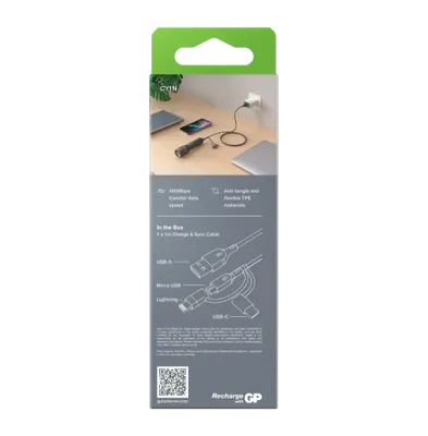GP Laddkabel USB-A till USB-C + Micro-USB + Lightning 1m 18W
