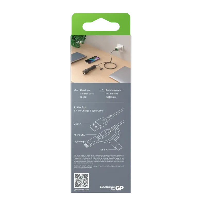 GP Laddkabel USB-A till USB-C + Micro-USB + Lightning 1m 18W