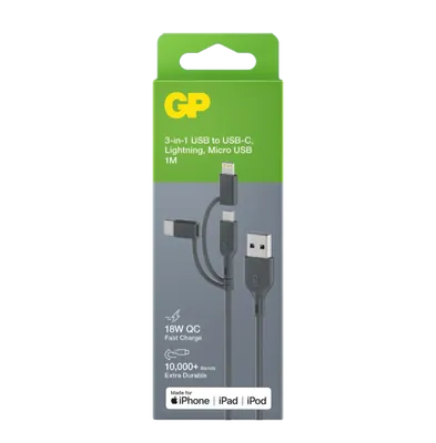 GP Laddkabel USB-A till USB-C + Micro-USB + Lightning 1m 18W