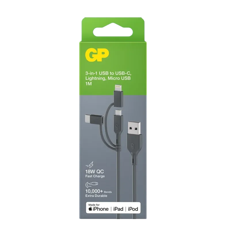 GP Laddkabel USB-A till USB-C + Micro-USB + Lightning 1m 18W