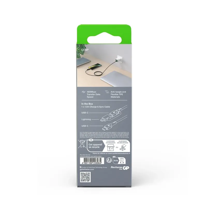 GP Laddkabel USB-C till USB-C + Lightning 1,5m 60W