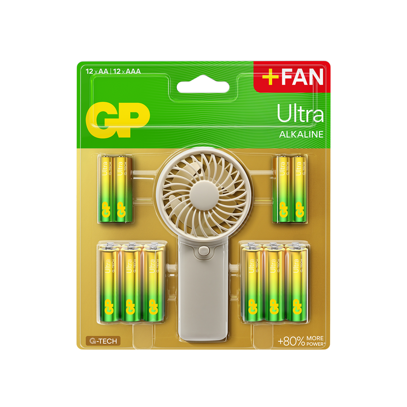 GP Ultra Alkaline G-TECH 12 x AA + 12 x AAA Batterier + Handfläkt