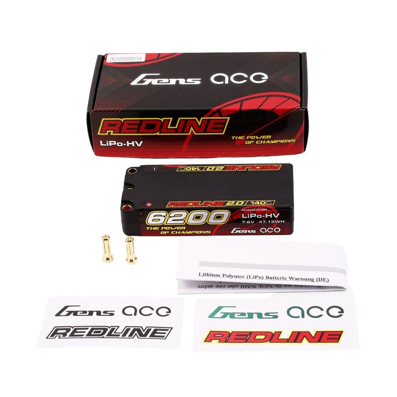 Gens ace 6200mAh 2S 140C 7,6V(HV) Mid-storlek LiPo-batteri – 5,0mm bullet – Redline