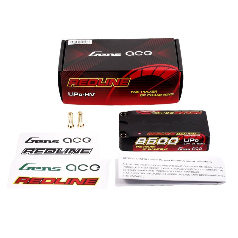 Gens ace 8500mAh 1S 140C 3,7V Shorty LiPo-batteri – 5,0mm bullet – Redline