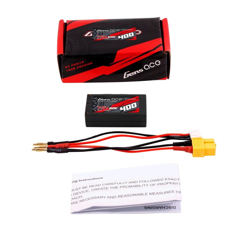 Gens ace 400mAh 2S 60C 7,6V(HV) LiPo-batteri – Hardcase – 2mm Bullet to XT60 adapter – Car Classic