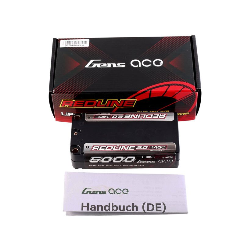Gens ace 5000mAh 2S 140C 7,4V Shorty LiPo-batteri – 5,0mm bullet – Redline