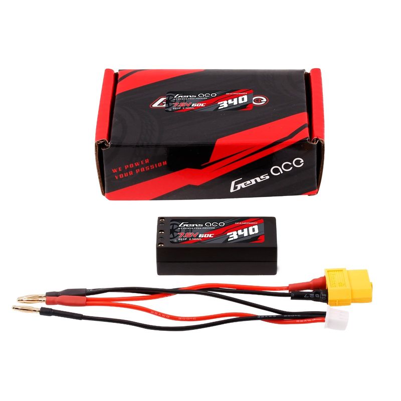 Gens ace 340mAh 2S 60C 7,6V(HV) LiPo-batteri – Hardcase – 2mm Bullet to XT60 adapter – Car Classic