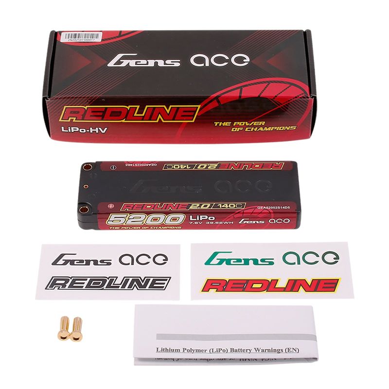 Gens ace 5200mAh 2S 140C 7,6V(HV) LiPo-batteri – 5,0mm bullet – Redline