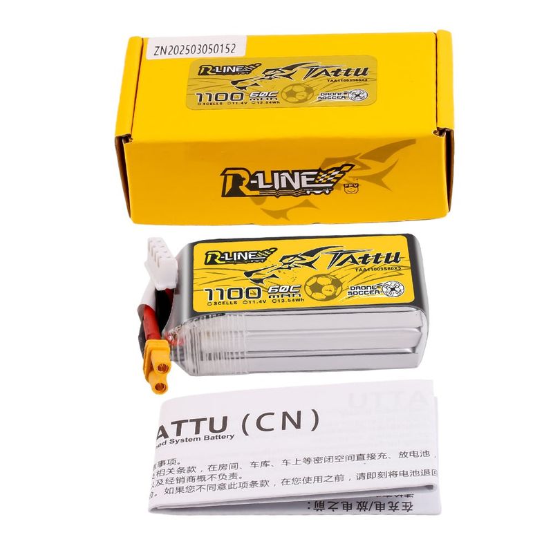 Tattu 1100mAh 3S 60C 11,4V(HV) LiPo-batteri – XT30 kontakt – R-Line