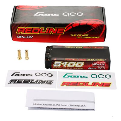 Gens ace 5100mAh 2S 140C 7,6V(HV) Mid-storlek LiPo-batteri – 5,0mm bullet – Redline