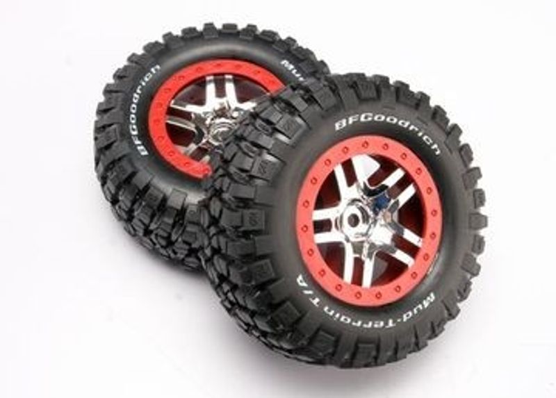 Traxxas Däck & Fälg Goodrich/S-Spoke Krom-Röd 4WD/2WD Bak (2) (6873A)
