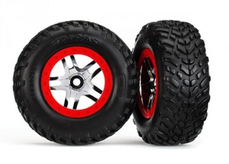 Traxxas Däck & Fälg SCT/S-Spoke Krom-Röd 4WD/2WD Bak TSM (2) (6891)