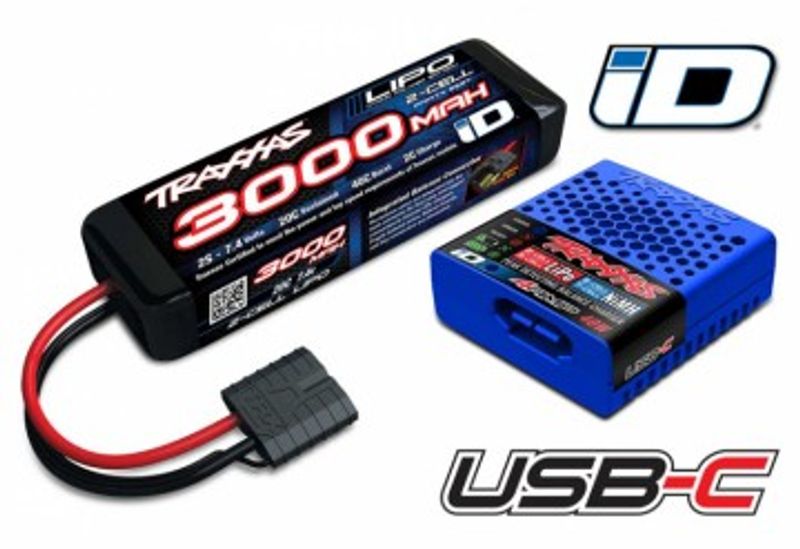 Traxxas Laddare USB-C och 2S 7.4v 3000mAh LiPo Batteri Combo (2985-2S)