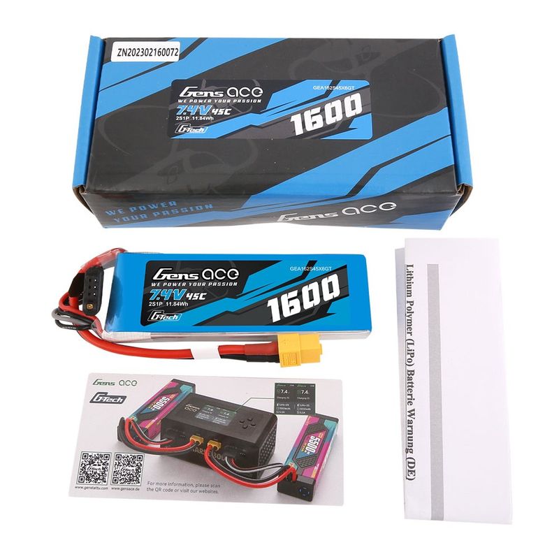 Gens ace 1600mAh 2S 45C 7,4V LiPo-batteri – XT60 kontakt – Ace Classic