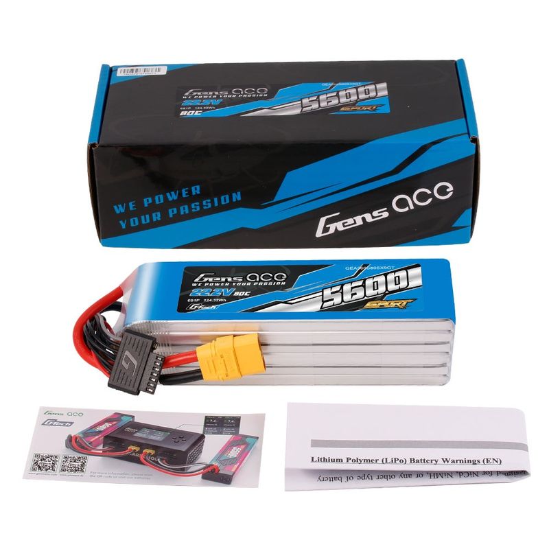 Gens ace 5600mAh 6S 80C 22,2V LiPo-batteri – XT90 kontakt – Sport (700 Helicopter)