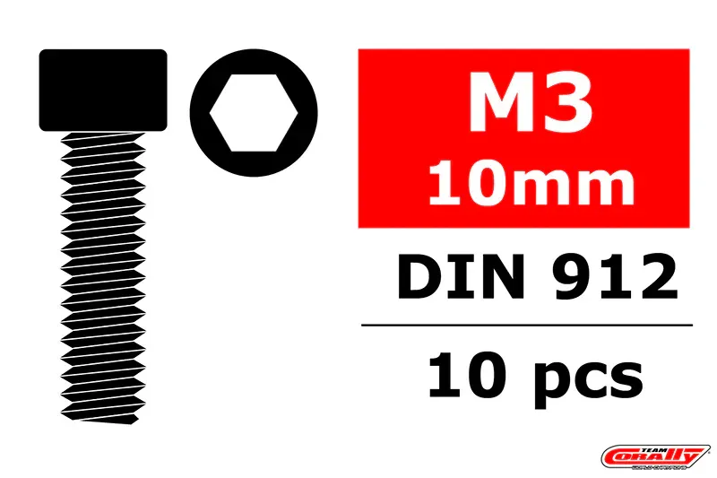 Team Corally - Steel Screws M3 x 10mm - Hex Socket Head - 10 st