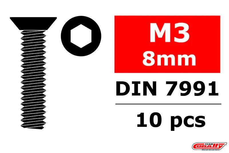 Team Corally - Steel Screws M3 x 8mm - Hex Flat Head - 10 st