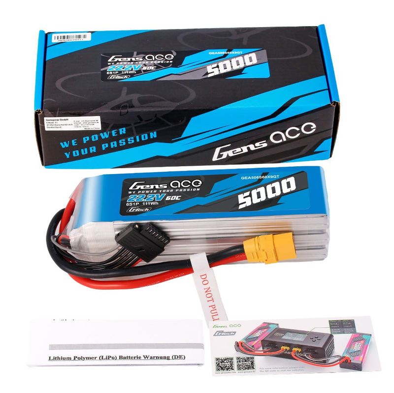 Gens ace 5000mAh 6S 60C 22,2V LiPo-batteri – XT90 kontakt – Heli