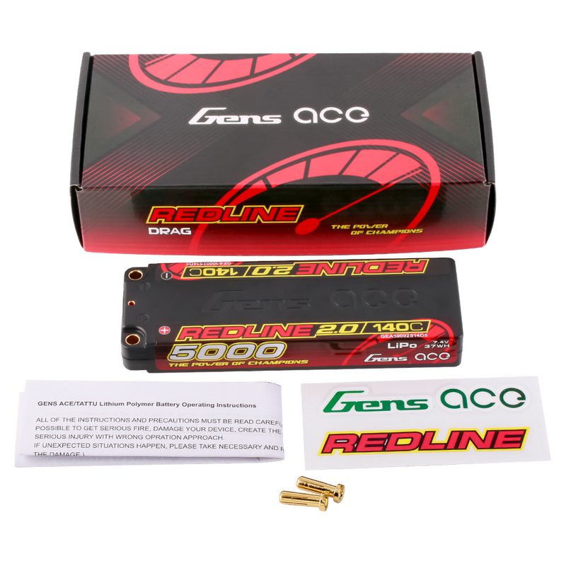 Gens ace 5000mAh 2S 140C 7,4V LiPo-batteri – 5,0mm bullet – Redline