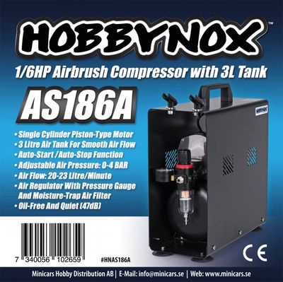 Airbrush Kompressor 1/6HP med 3L Tank (0-4BAR) Hobbynox