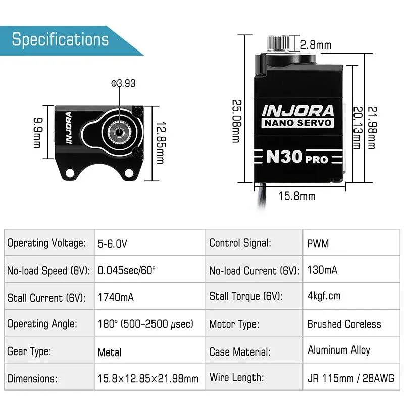 INJORA High Torque N30 PRO NANO Servo ink. servoräddare 1/30 SCX30