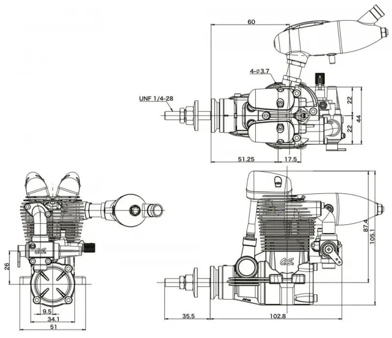 O.S. ENGINE FS-64V 10.46cc 4-takts flygmotor med ljuddämpare