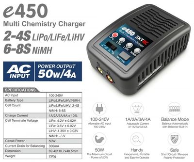 SkyRC e450 Laddare LiPo/LiFe/LiHV 2-4S,NiMH 6-8 50W 240VAC