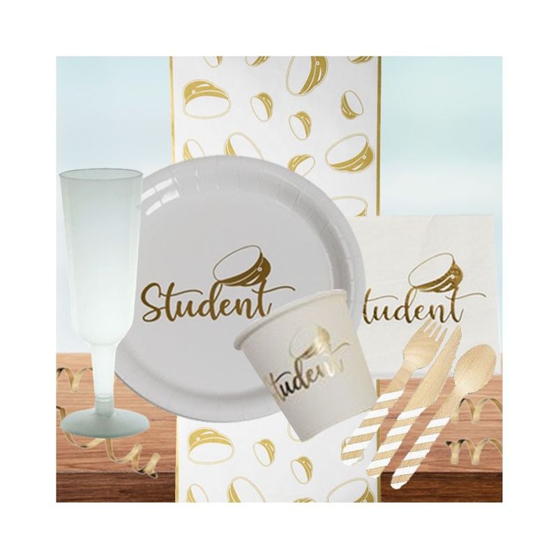 Studentdukning vit/guld lyx 8 pers