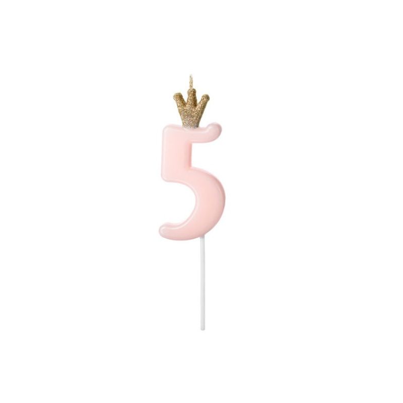 Tårtljus 5, Rosa med Krona