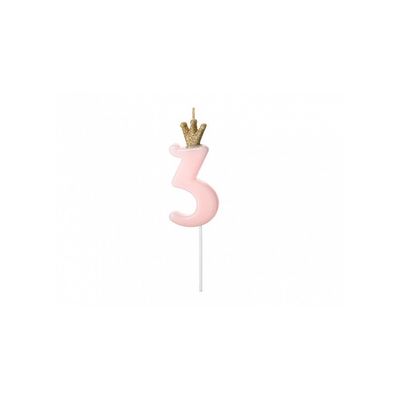 Tårtljus 3, Rosa med Krona