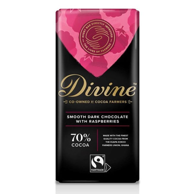 Divine Dark Chocolate 70% with Raspberry, 90g