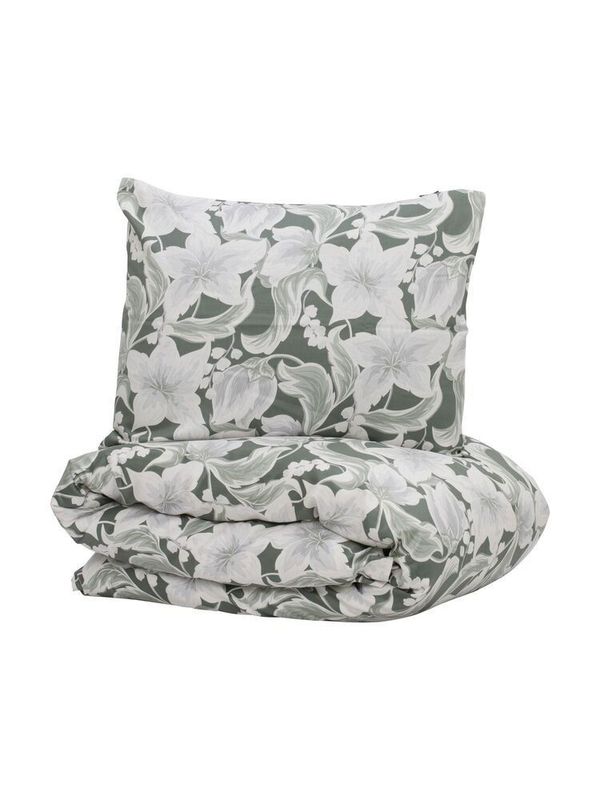Hommedal Blommor Grön Satin Bäddset Enkeltäcke 150x210 Kosta Linnewäfveri