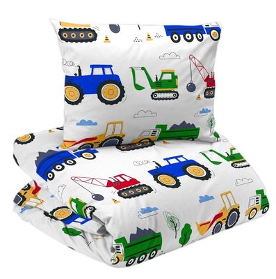 Busy Tractors Vit Barn Bäddset Spjälsäng 100x130 Redlunds