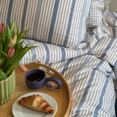 Albin Beige/Gråblå Randigt Bäddset Enkeltäcke 150x210 Classic Textile