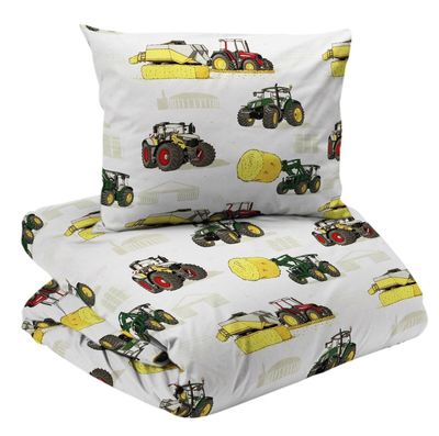 Traktor Vit Barn Bäddset Enkeltäcke 150x210 Redlunds