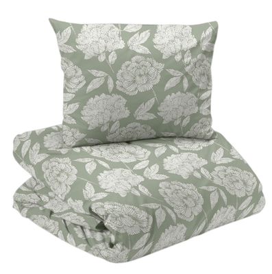 Peony Satin Grön Blommigt Bäddset Enkeltäcke 150x210 Redlunds