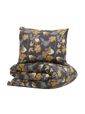 Bratteby Grafit Blommigt Satin Bäddset Enkeltäcke 150x210 Kosta Linnewäfveri