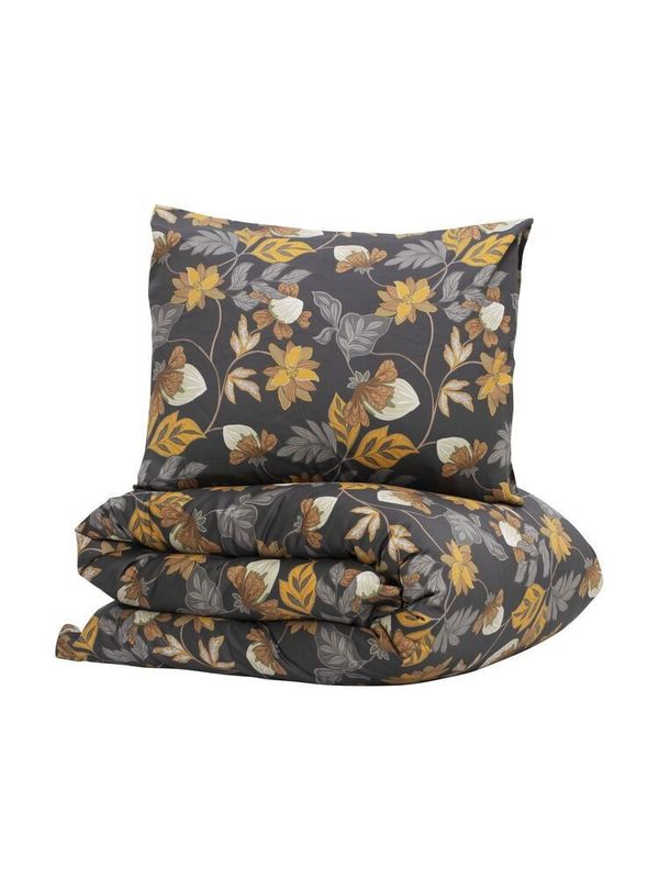 Bratteby Grafit Blommigt Satin Bäddset Enkeltäcke 150x210 Kosta Linnewäfveri