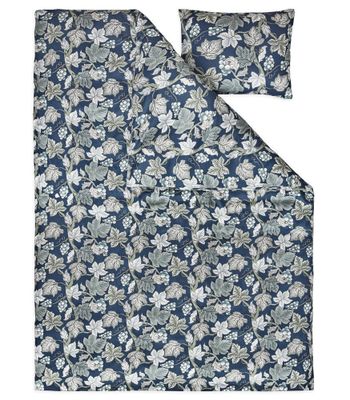 Hult Blommor Marinblå Satin Bäddset Enkeltäcke 150x210 Kosta Linnewäfveri