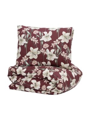 Kyrkosund Vinröd Blommigt Satin Bäddset Enkeltäcke 150x210 Kosta Linnewäfveri