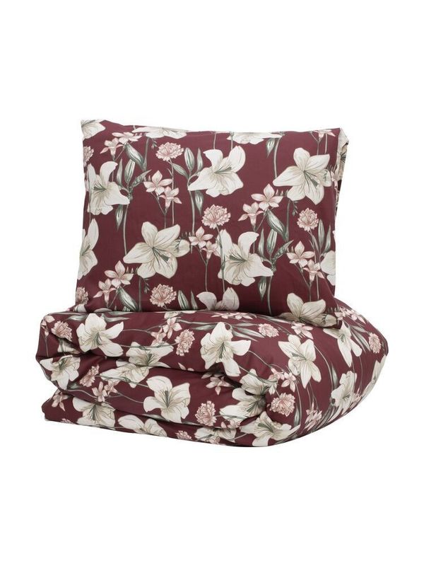 Kyrkosund Vinröd Blommigt Satin Bäddset Enkeltäcke 150x210 Kosta Linnewäfveri