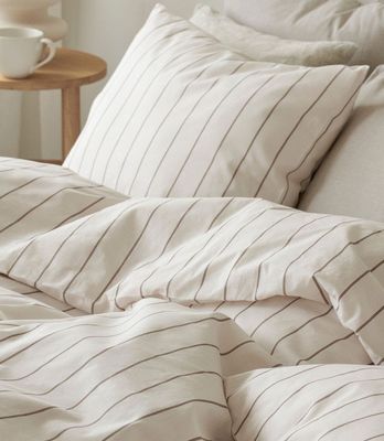 Saga Beige Randigt Bäddset Enkeltäcke 150x210 Borganäs of Sweden