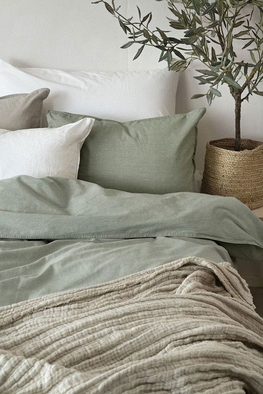 Enfärgat Grön Washed Bäddset Enkeltäcke 150x210 Borganäs of Sweden