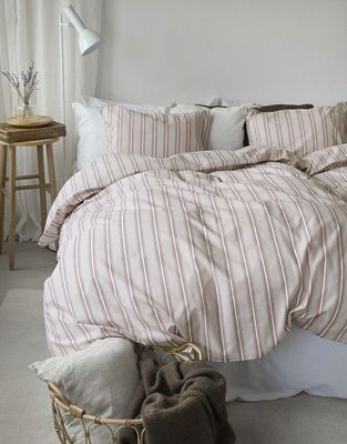 Sunnan Rosa Randigt Bäddset Enkeltäcke 150x210 Borganäs of Sweden