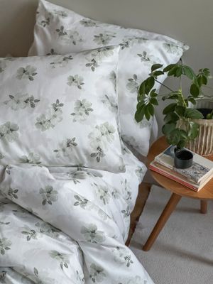 Mona Grön/Vit Satin Blommigt Bäddset Enkeltäcke 150x210 Classic Textile