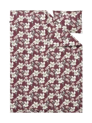 Kyrkosund Vinröd Blommigt Satin Bäddset Enkeltäcke 150x210 Kosta Linnewäfveri