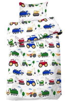 Busy Tractors Vit Barn Bäddset Spjälsäng 100x130 Redlunds