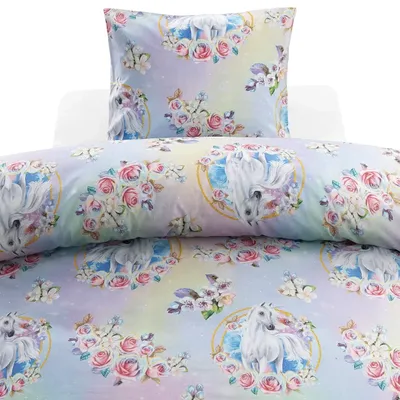 Spirit Rosa Enhörning Barn Bäddset Enkeltäcke 150x210 Borganäs of Sweden