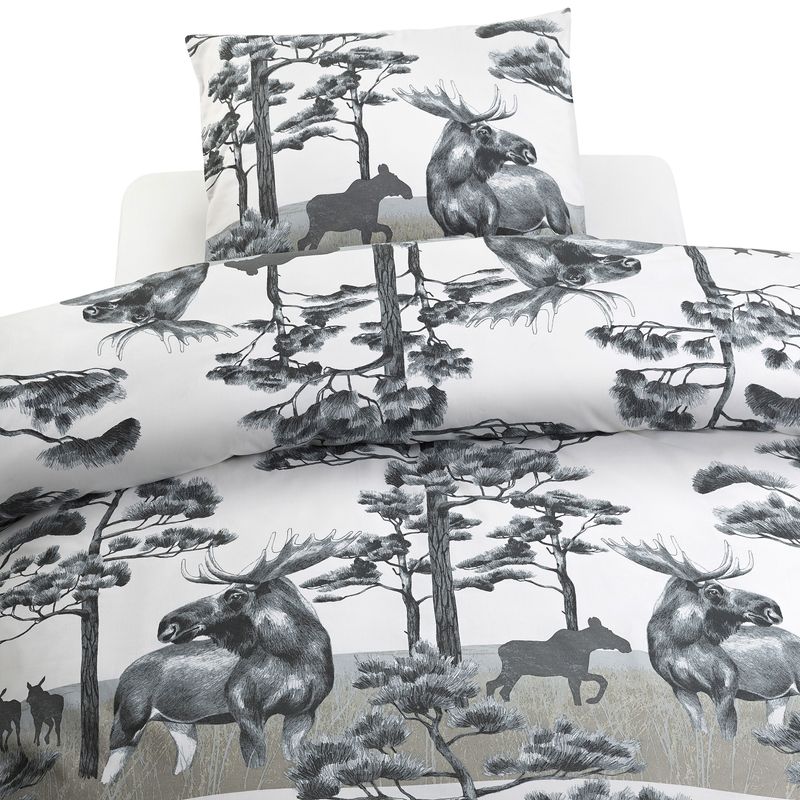 Älg i skogen Grå Bäddset Enkeltäcke 150x210 Borganäs of Sweden