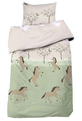 Freja Beige Hästar Barn Bäddset Enkeltäcke 150x210 Redlunds
